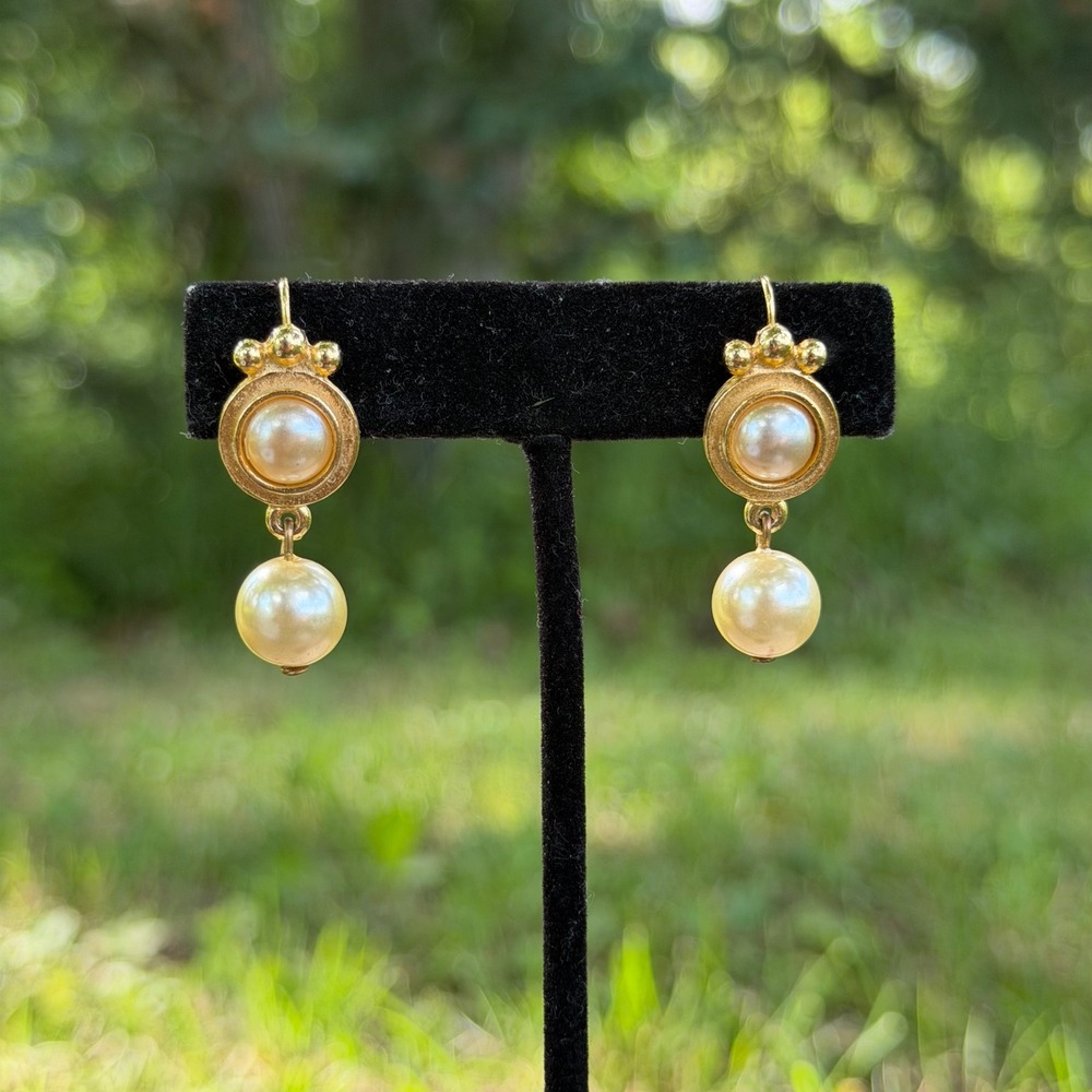Vtg Gold Tone Faux Pearl Dangle Earrings, Victorian Revival Drop  Renaissance